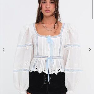For Love And Lemons White and Blue Eyelet Top